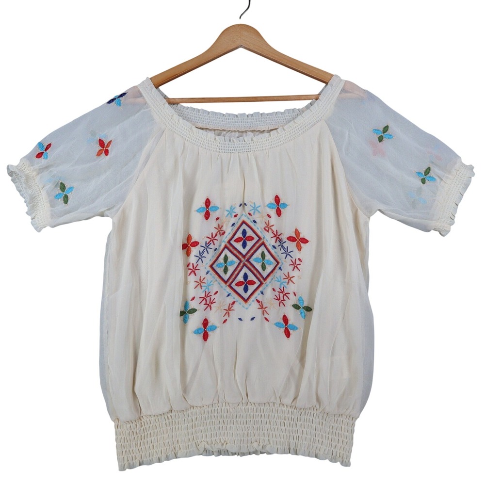 Angie Embroidered Smocked Blouse Womens Size Medium Ivory Boho Sheer Sleeve Top